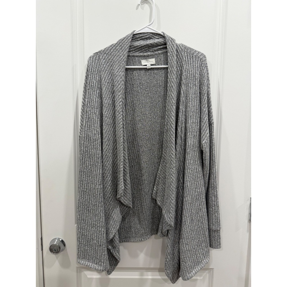 Lucky Brand Womens Grey Ribbed Knit Draped Open Front Waterfall Cardigan Large